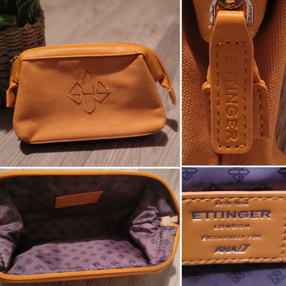 Ettinger London x ANA Mustard Yellow Canvas & Leather Toiletry Cosmetic Bag, 8x5